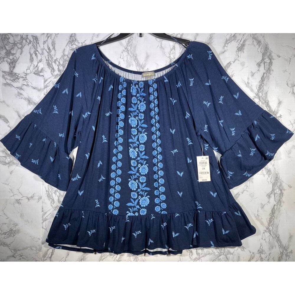 Style & Co Blue Floral Blouse with Ruffle Sleeves Size 2X
